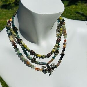 3-Vtg Artisan Serpentine Prehnite Agate Green stone unique Boho necklaces.
